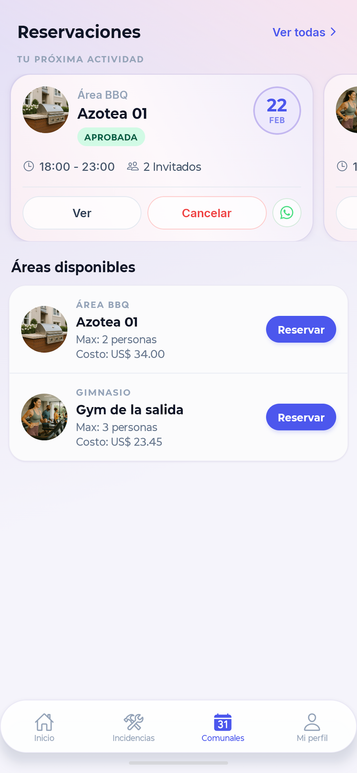 Reservas de áreas comunes del edificio