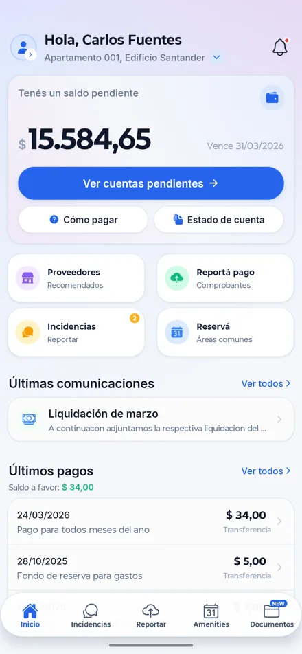 Dashboard principal - saldos, pagos y comunicaciones